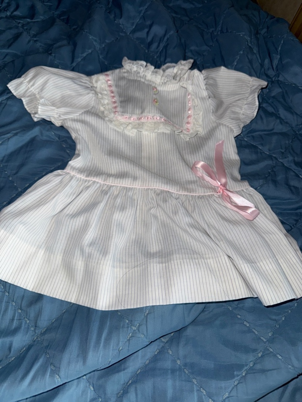 Toddler White Pinstripe Dress with Pink Ribbon Trim